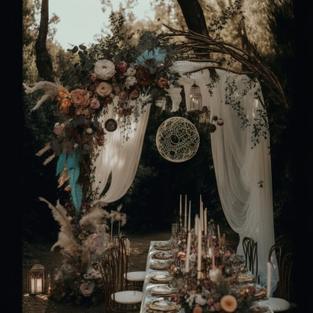 wedding ceremony in the forest rated with flowers and candlesの素材