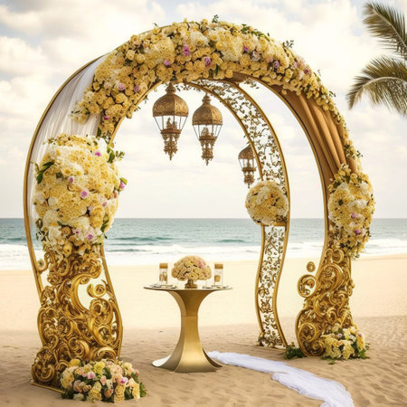 Wedding arch on the beach with flowers. Wedding decoration.の素材
