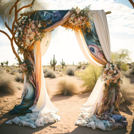 Wedding arch decorated with flowers and fabrics in the desert.の素材