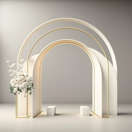 3d render, abstract background, white arch with flowers, podiums for product presentationの素材