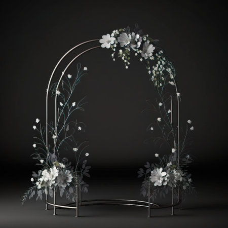 3d render of a white arch with flowers on a black backgroundの素材