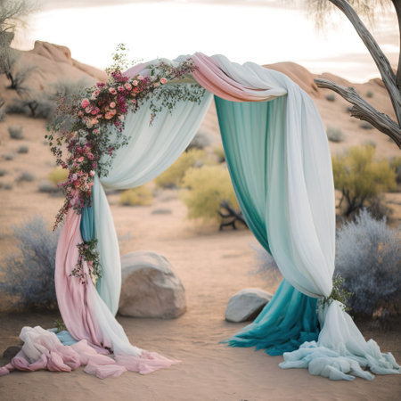 Wedding arch decorated with flowers and fabrics in the desert.の素材