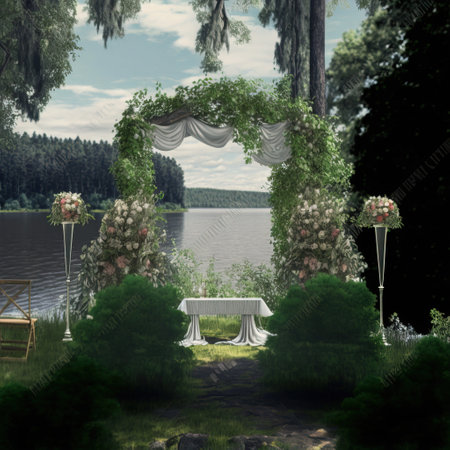 wedding arch on the bank of the lake in the forestの素材