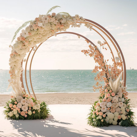 Wedding arch on the beach. Wedding arch decorated with flowersの素材