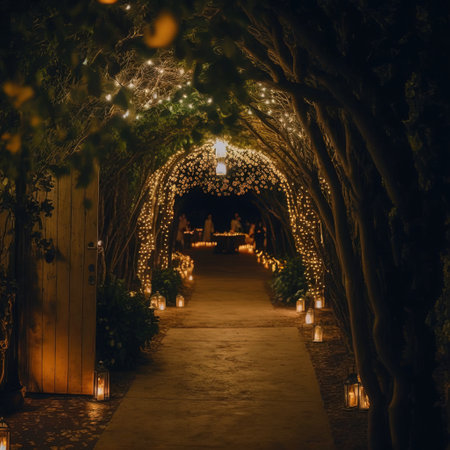 Wedding ceremony in the garden at night with candles and lightsの素材