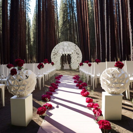 Wedding arch decorated with red roses in the pine forest.の素材