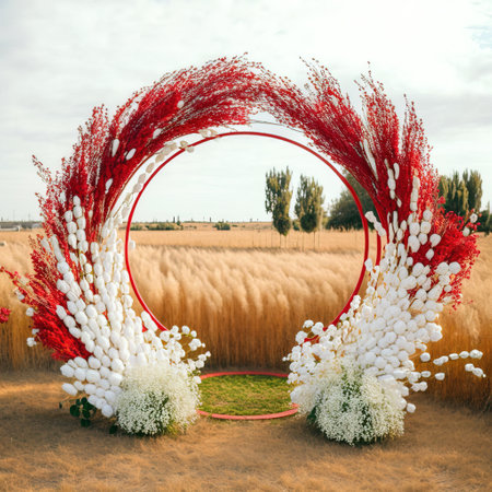 Wedding arch made of white and red flowers on the fieldの素材
