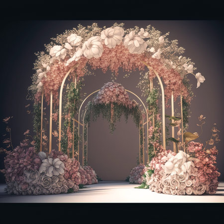 3d render of a beautiful wedding arch with flowers and leaves.の素材