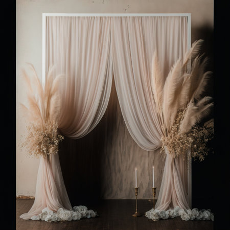 White curtains on the background of a gray wall. Wedding decor.の素材