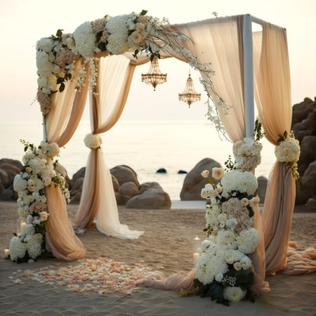 Wedding ceremony on the beach. Wedding arch decorated with flowers.の素材