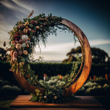 Wedding decoration in the form of a round frame with flowers.の素材