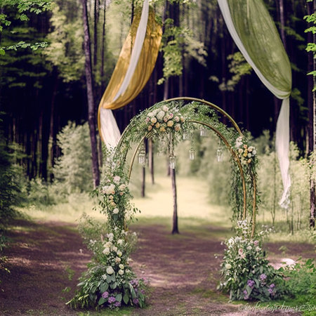 Wedding arch decorated with flowers and ribbons in the forestの素材