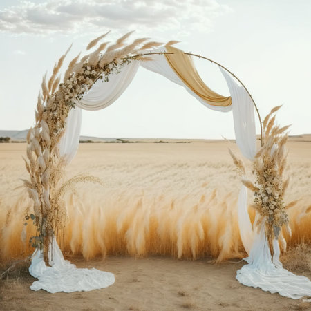 wedding arch decorated with dried flowers on the sand in the desertの素材
