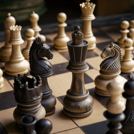 Chess pieces on a chessboard, close-up, selective focusの素材