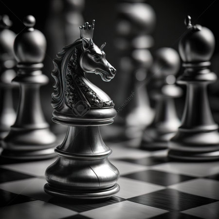 Chess pieces on a chessboard. Black and white background.の素材