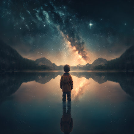 Little boy standing at the edge of a lake and looking at the night skyの素材