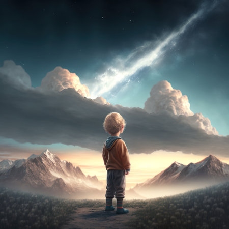 Little boy standing on the edge of a cliff and looking at the sunsetの素材