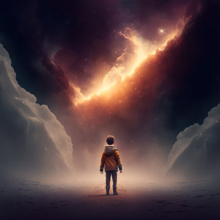 Back view of man in winter jacket looking at lightning coming out of holeの素材