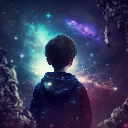 Young boy looking at the stars in outer space. Elements of this image furnished by NASAの素材