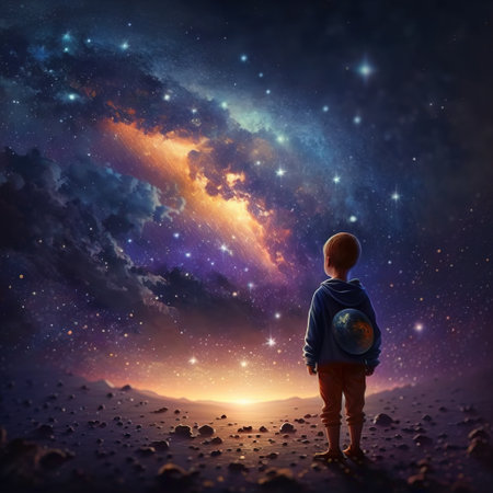 Little boy looking at the milky way galaxy. 3d renderの素材