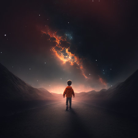 Little boy standing on the road in the starry sky with lightningの素材