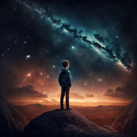 Little boy standing on the edge of a cliff and looking at the Milky Wayの素材