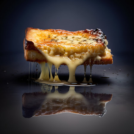 French toast with cheese and honey on a black background with reflection.の素材