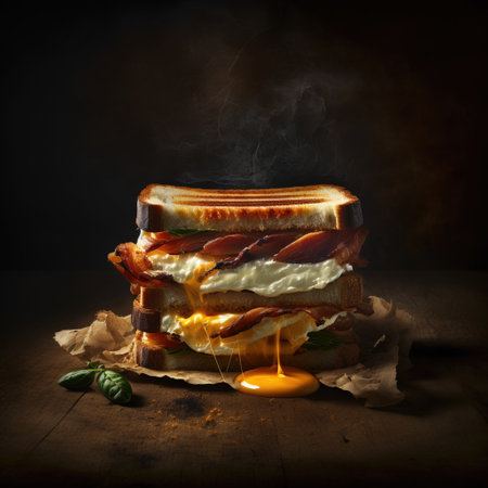 Sandwich with bacon, cheese and tomato sauce on a dark backgroundの素材