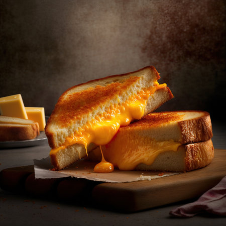 Sandwich with cheese and honey on a wooden board. Toned.の素材