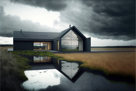 3d rendering of a modern house in the countryside with dramatic skyの素材
