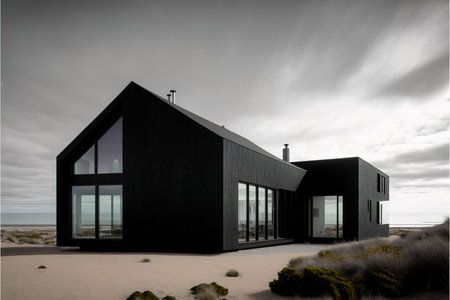 3D render of a modern house on the beach with dramatic skyの素材