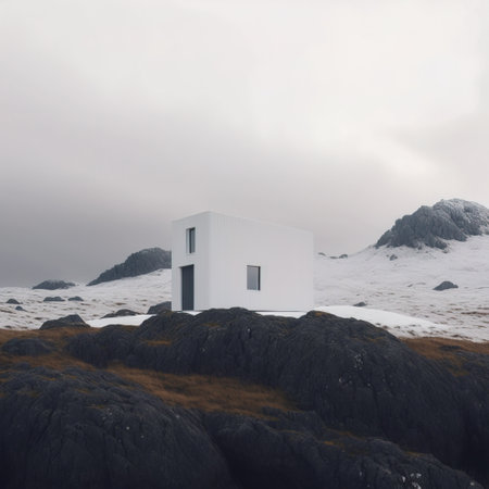 White house on the top of a mountain in the fog. 3d renderの素材