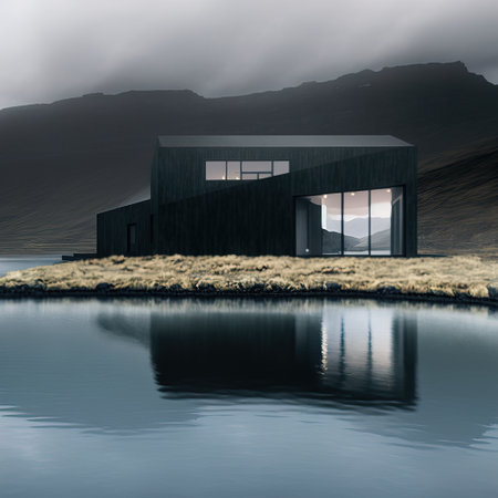 3d rendering of a modern house on a lake in the mountainsの素材
