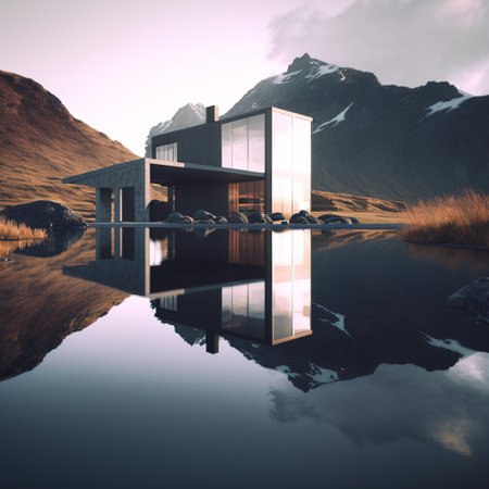 3d render of a modern house with reflection in the water.の素材
