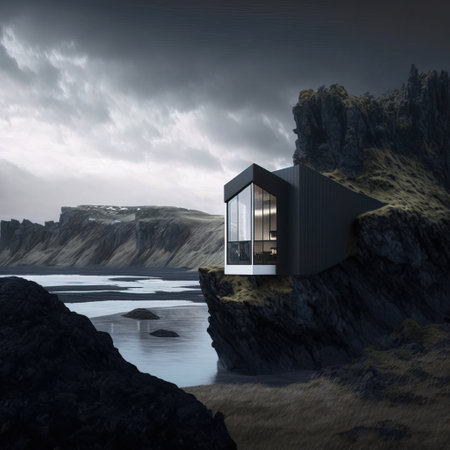 3D render of a modern house in the middle of a cliffの素材