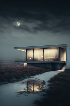 3d rendering of modern house on the beach at night with moonの素材
