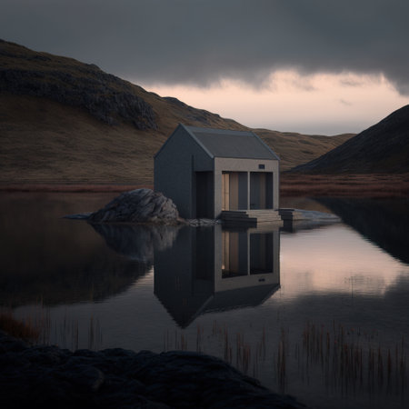 3D rendering of a house in a lake with a cloudy skyの素材