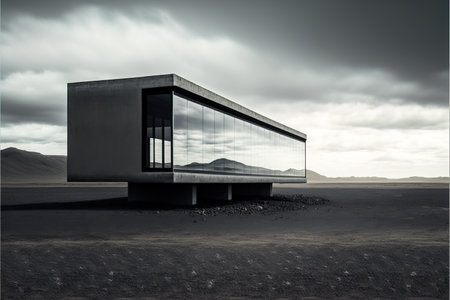 3D render of a modern office building in the desert under a cloudy skyの素材
