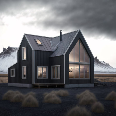 Modern house on the black sand in Iceland. 3D render.の素材