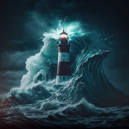 Lighthouse in stormy sea. 3d render. Elements of this image furnished by NASAの素材