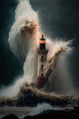 Lighthouse in the sea with stormy clouds. 3d renderの素材