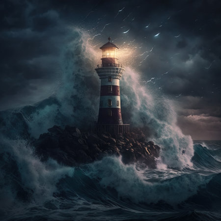 Lighthouse in stormy sea. 3D illustration. Elements of this image furnished by NASAの素材