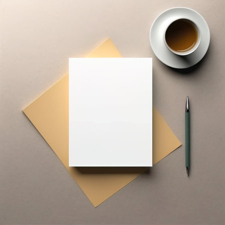 Blank stationery mockup with coffee cup and pen. 3d renderの素材