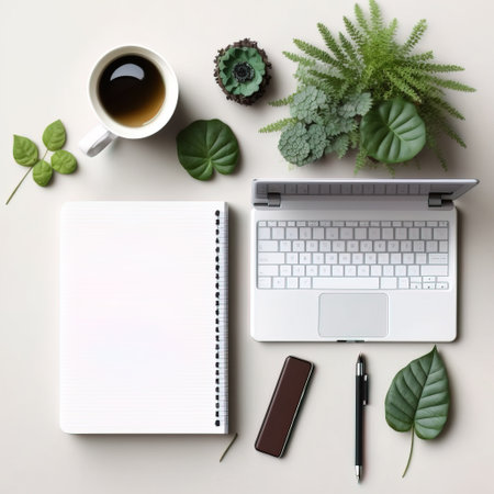 Flat lay, top view office desk table with laptop, coffee cup, plant, notebook.の素材