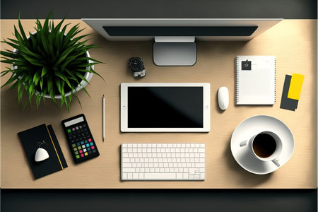 Top view of office desktop with computer, supplies and coffee cup. 3d render.の素材