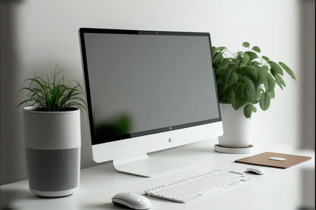 Modern workspace with computer, mouse, keyboard and potted plant.の素材