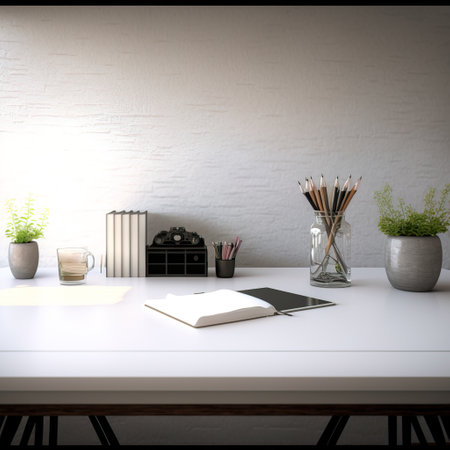 Close up of modern workspace with blank notebook, coffee cup and other items. Mock-ups, 3D Renderingの素材