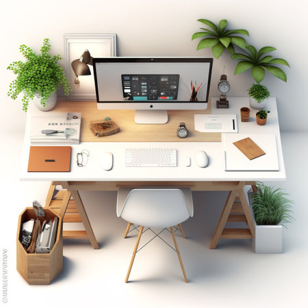 3d render of working desk with computer. Workplace interior designの素材