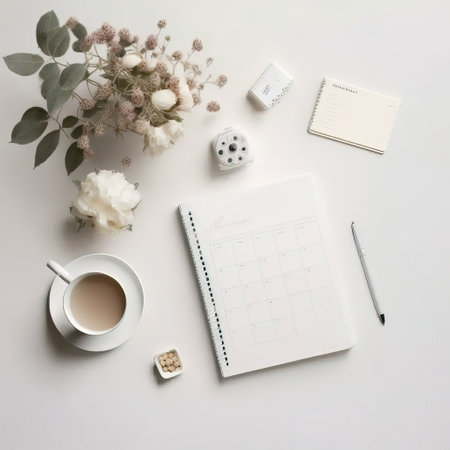 Flat lay, top view office desk workspace. Workspace with blank notepad, cup of coffee, flower and dice on white background.の素材