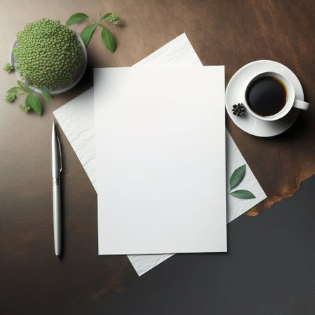 Blank paper with cup of coffee on wooden table, top viewの素材
